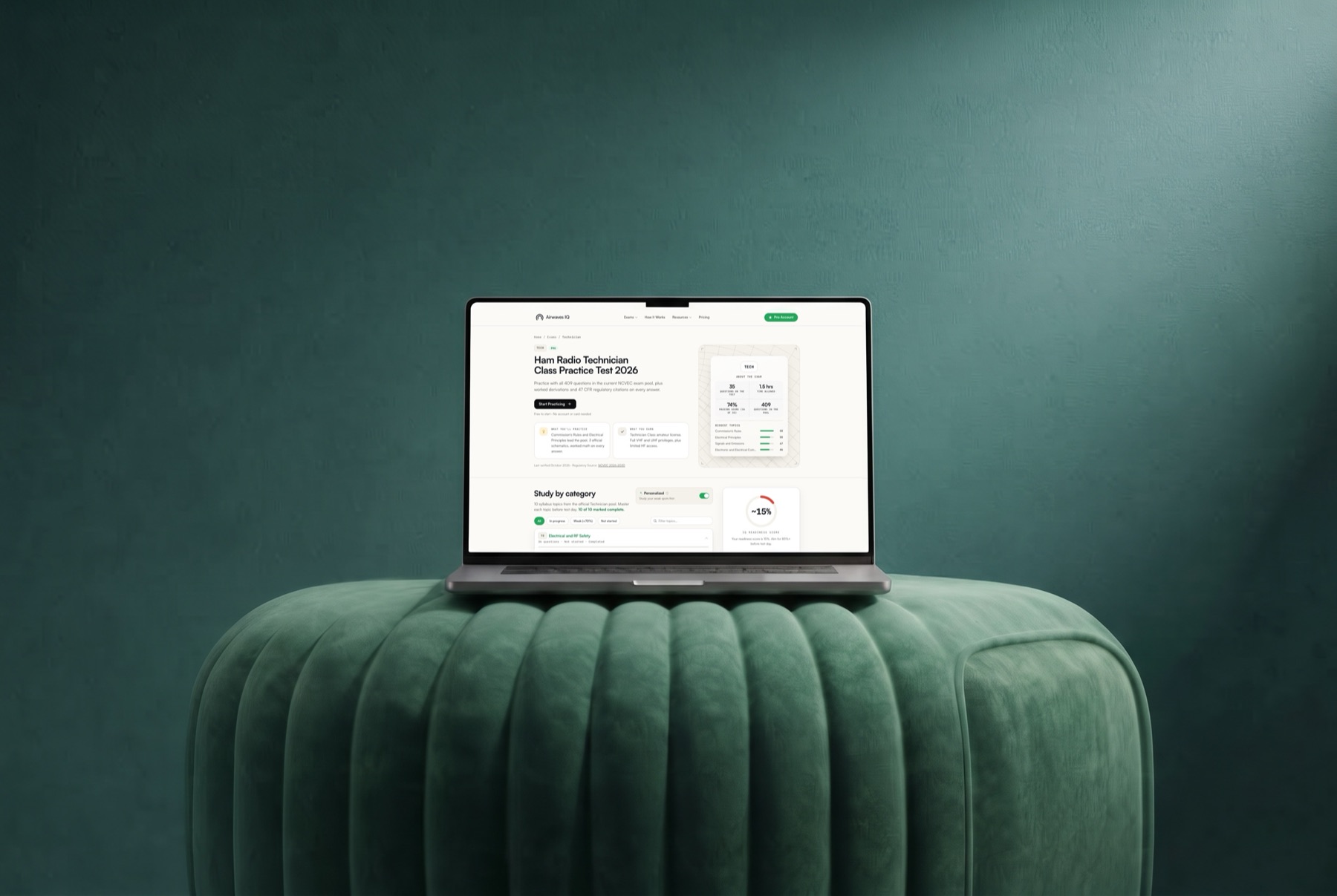 Airwaves IQ on a laptop sitting on a green velvet pouf