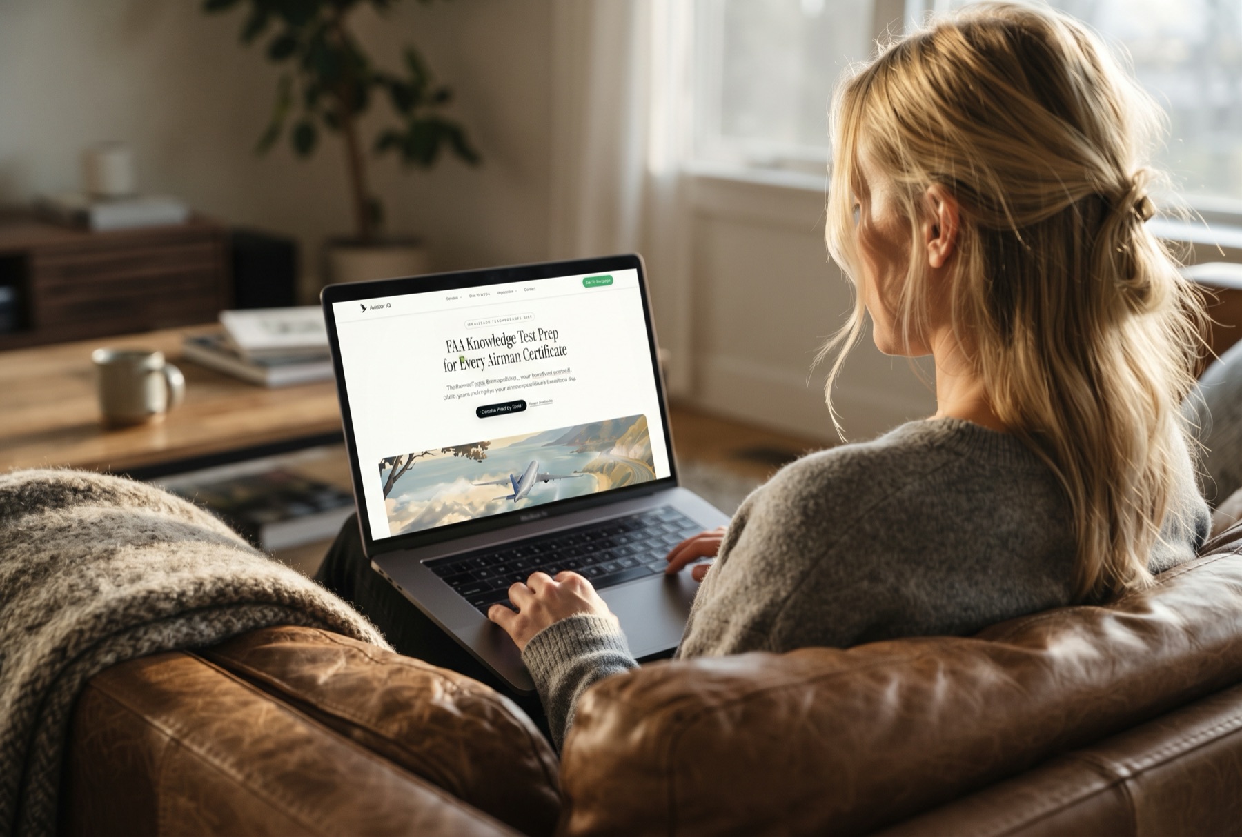 Aviator IQ on a laptop in a sunlit living room