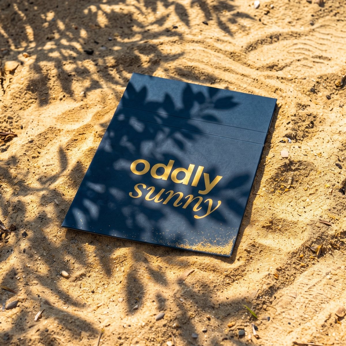 Oddly Sunny gold foil logo on navy paper in the sun