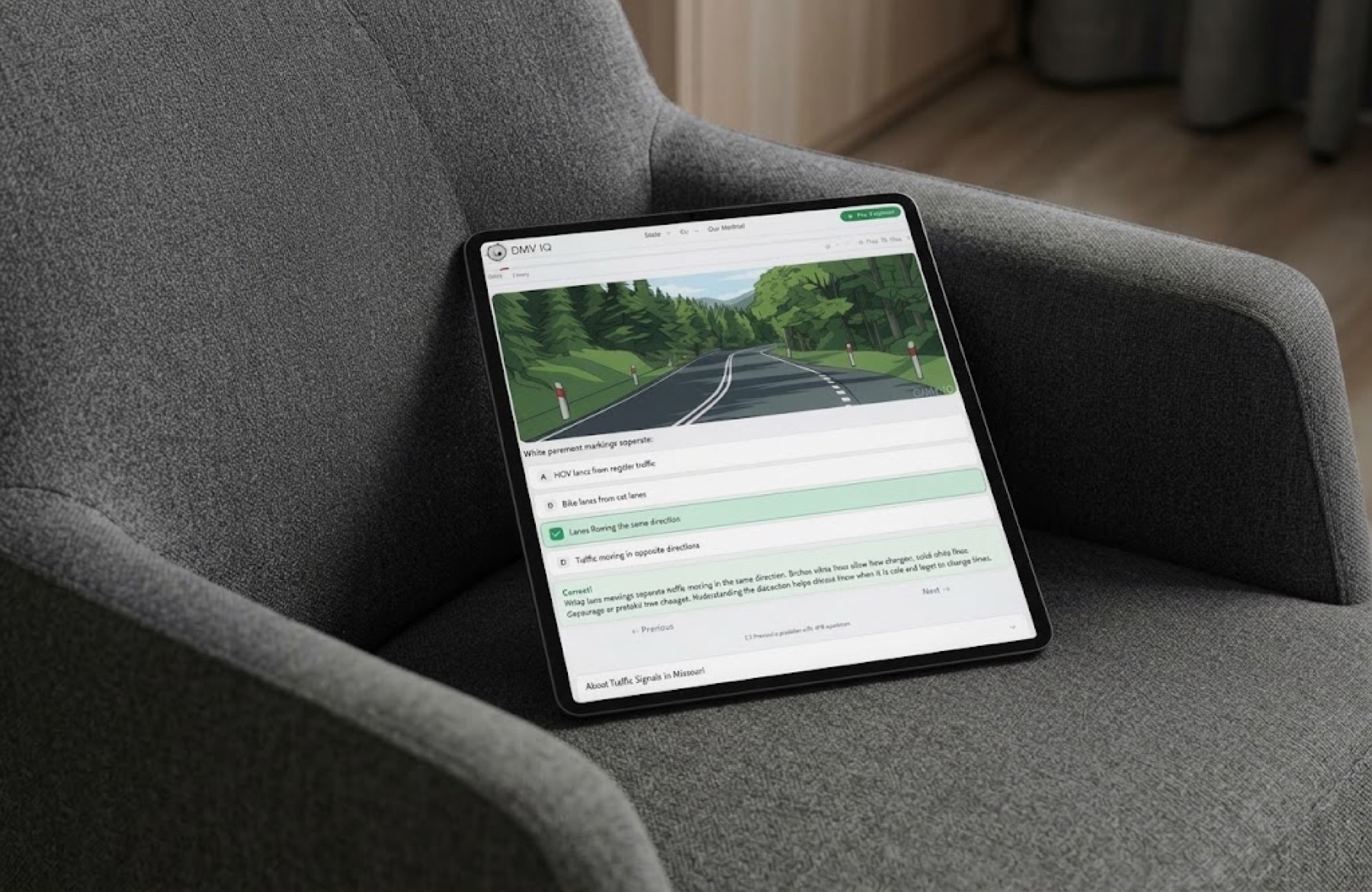 DMV IQ practice question on a tablet in an armchair