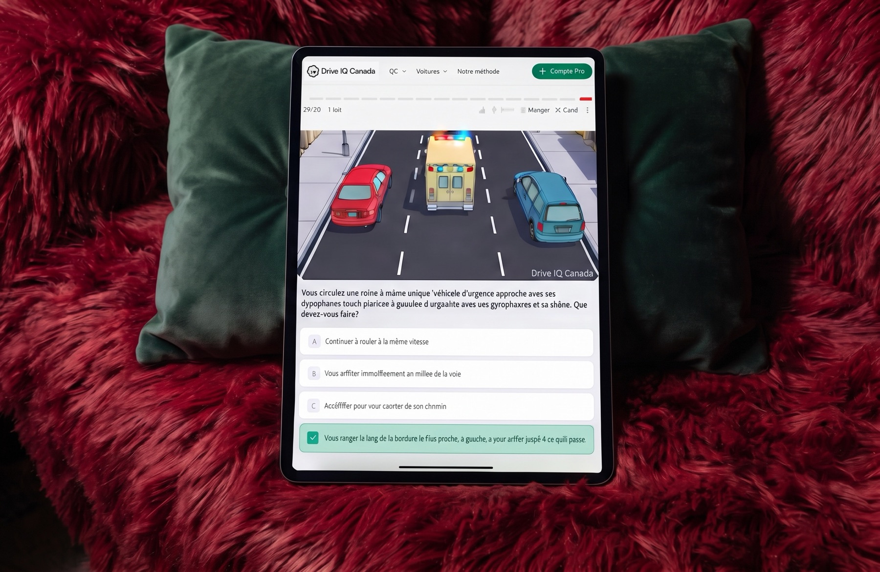 Drive IQ Canada question in French on a tablet on a red fuzzy sofa