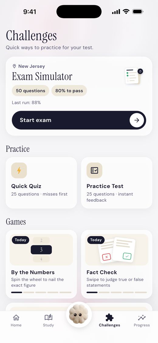 The Challenges screen in the DMV IQ app: Exam Simulator, Quick Quiz, Practice Test and daily games