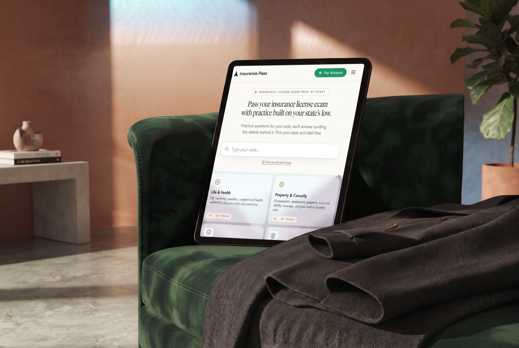 Insurance Pass on a tablet resting on a green velvet sofa